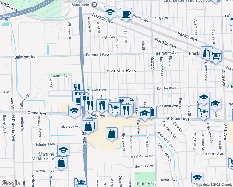map of restaurants, bars, coffee shops, grocery stores, and more near 2942 Dora Street in Franklin Park