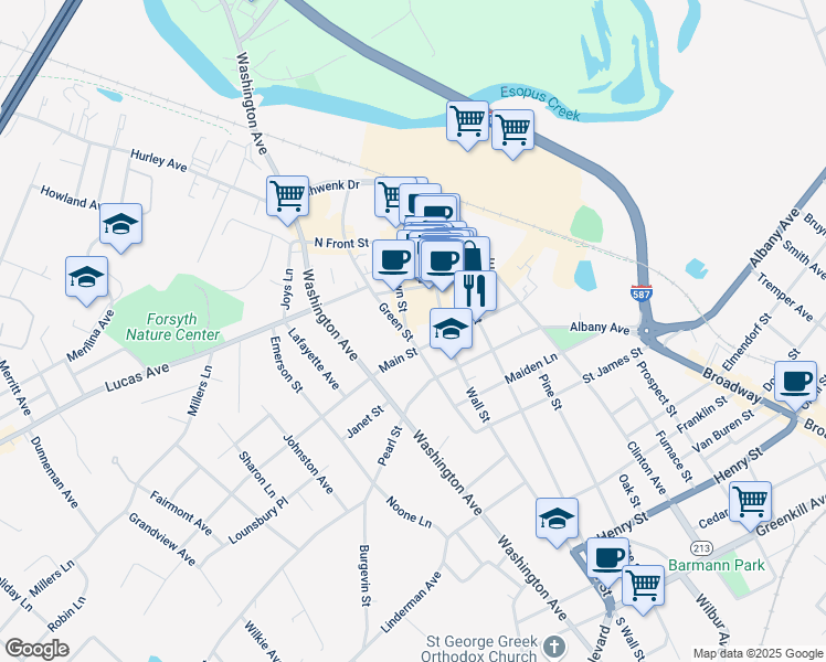 map of restaurants, bars, coffee shops, grocery stores, and more near 100 Green Street in Kingston