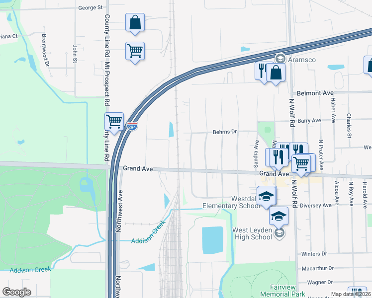 map of restaurants, bars, coffee shops, grocery stores, and more near 3006 Rhodes Avenue in Melrose Park