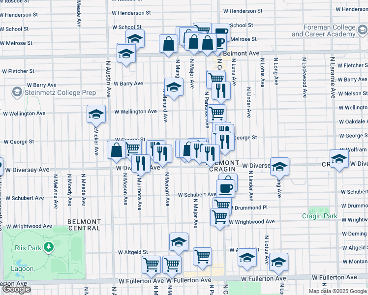 map of restaurants, bars, coffee shops, grocery stores, and more near 2843 North Mango Avenue in Chicago