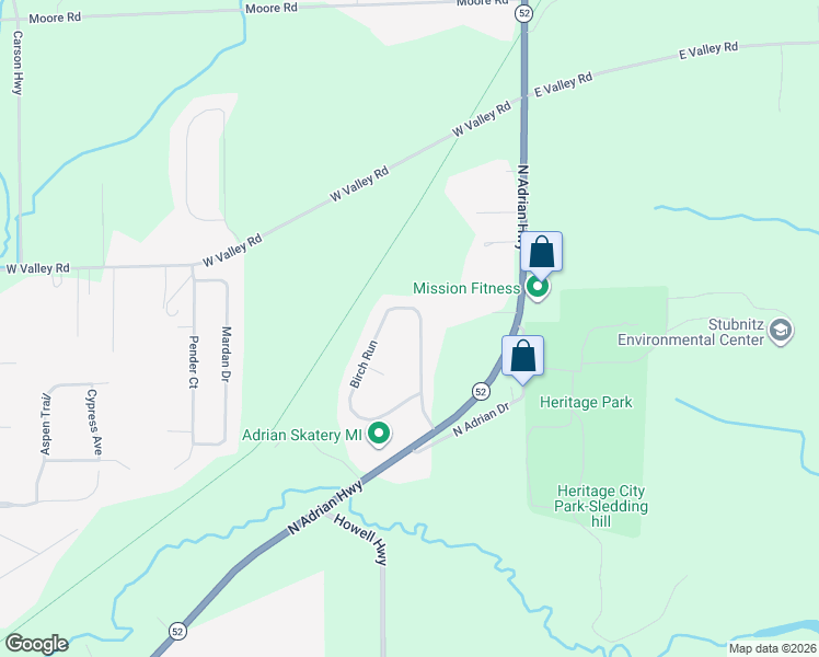 map of restaurants, bars, coffee shops, grocery stores, and more near 3148 Birch Run in Adrian
