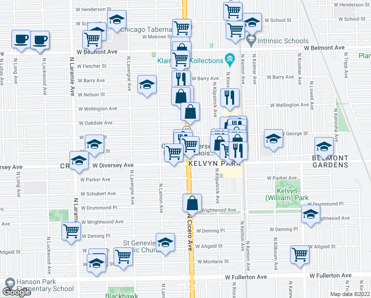 map of restaurants, bars, coffee shops, grocery stores, and more near 4800 West Wolfram Street in Chicago