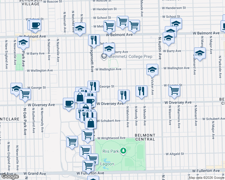 map of restaurants, bars, coffee shops, grocery stores, and more near 2849 North Mobile Avenue in Chicago