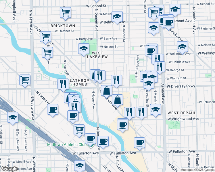 map of restaurants, bars, coffee shops, grocery stores, and more near 1930 West Diversey Parkway in Chicago