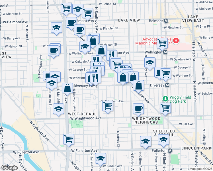 map of restaurants, bars, coffee shops, grocery stores, and more near North Wayne Avenue in Chicago