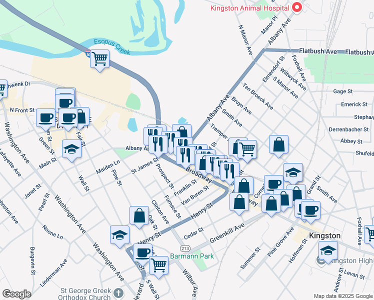 map of restaurants, bars, coffee shops, grocery stores, and more near 144 Albany Avenue in Kingston