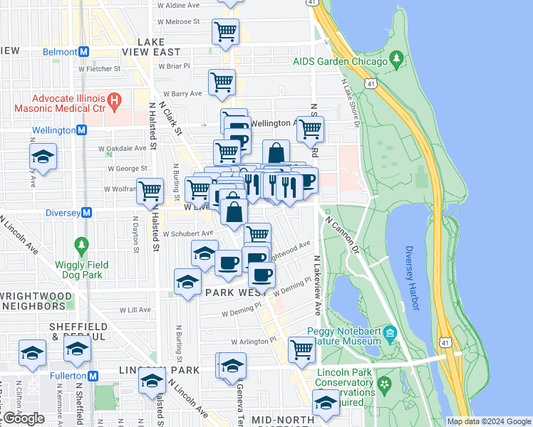 map of restaurants, bars, coffee shops, grocery stores, and more near 452 West Diversey Parkway in Chicago