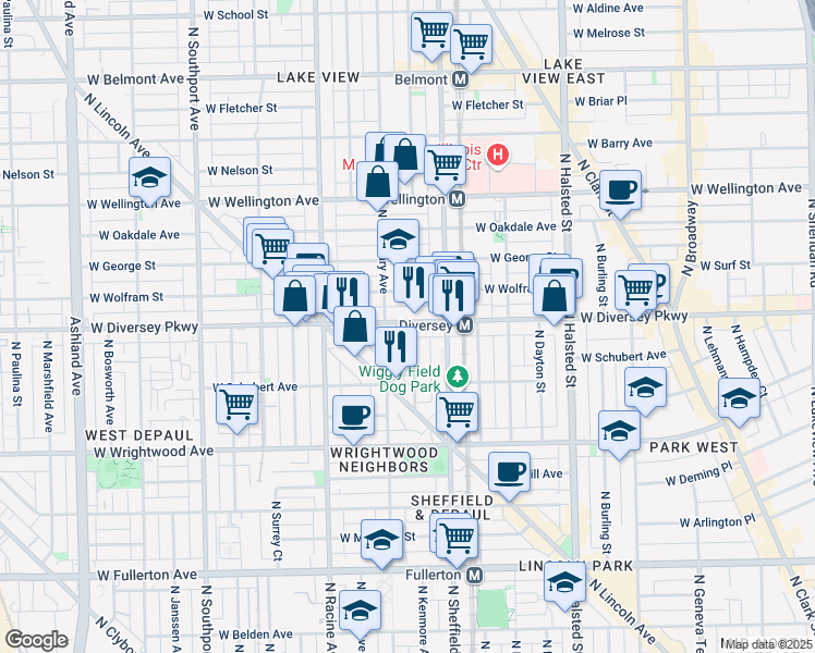 map of restaurants, bars, coffee shops, grocery stores, and more near 1055 West Diversey Parkway in Chicago