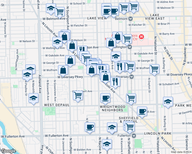 map of restaurants, bars, coffee shops, grocery stores, and more near 2815 North Lincoln Avenue in Chicago