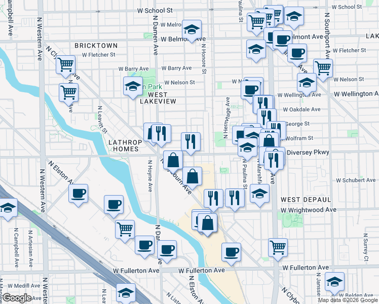 map of restaurants, bars, coffee shops, grocery stores, and more near 1840 West Diversey Parkway in Chicago