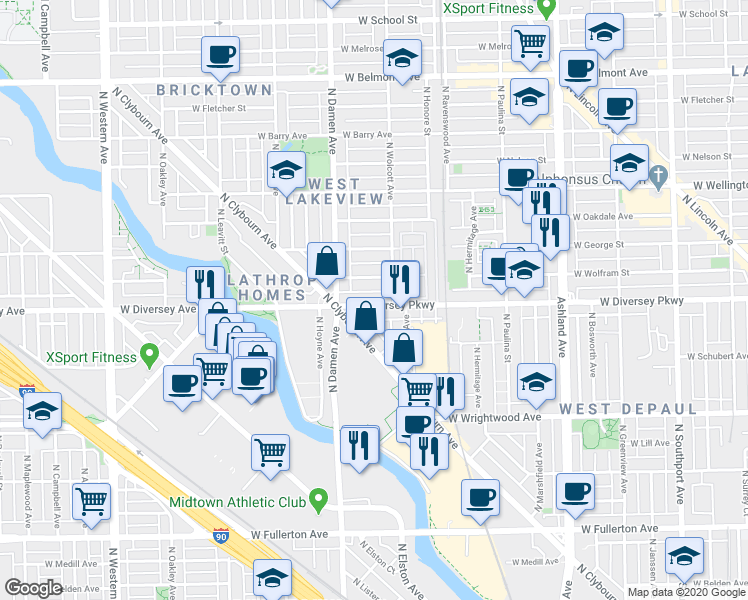 map of restaurants, bars, coffee shops, grocery stores, and more near 1930 West Diversey Parkway in Chicago