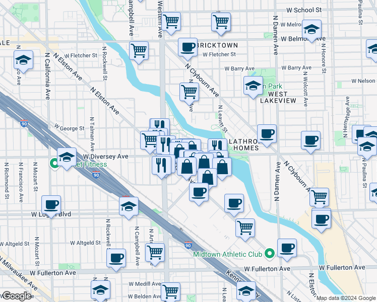 map of restaurants, bars, coffee shops, grocery stores, and more near in Chicago