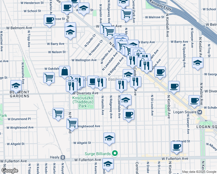 map of restaurants, bars, coffee shops, grocery stores, and more near 2823 North Hamlin Avenue in Chicago
