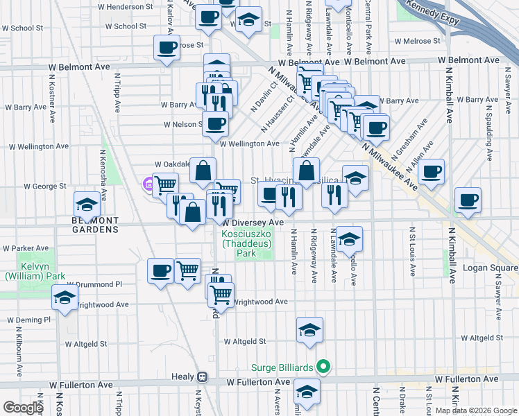map of restaurants, bars, coffee shops, grocery stores, and more near 2819 North Springfield Avenue in Chicago