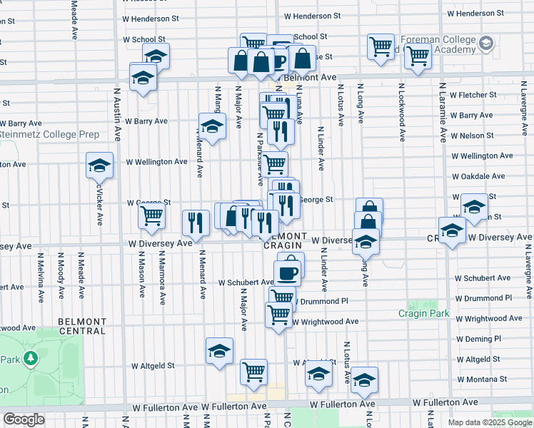 map of restaurants, bars, coffee shops, grocery stores, and more near 2840 North Central Avenue in Chicago