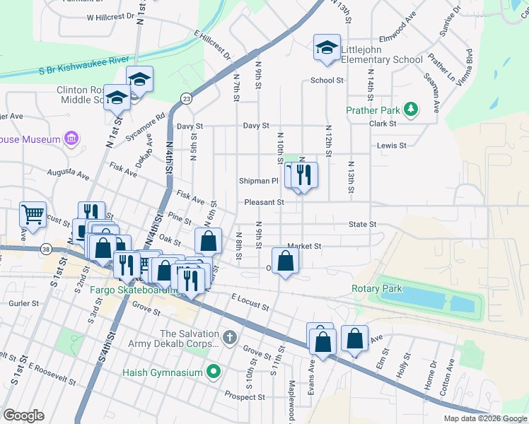 map of restaurants, bars, coffee shops, grocery stores, and more near 521 North 10th Street in DeKalb
