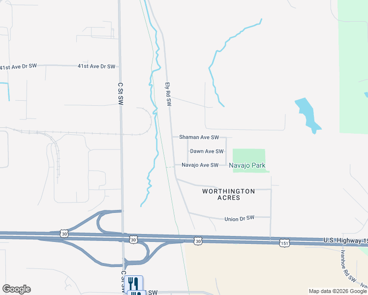 map of restaurants, bars, coffee shops, grocery stores, and more near 4606-4612 Pueblo Street Southwest in Cedar Rapids