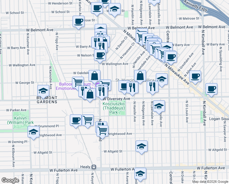map of restaurants, bars, coffee shops, grocery stores, and more near 2822 North Springfield Avenue in Chicago