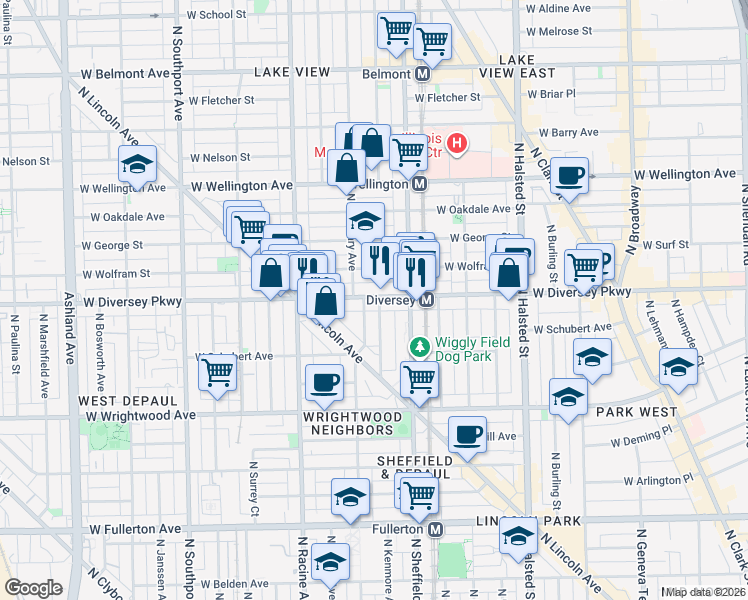 map of restaurants, bars, coffee shops, grocery stores, and more near 1035 West Diversey Parkway in Chicago