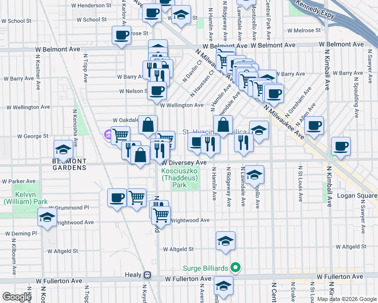 map of restaurants, bars, coffee shops, grocery stores, and more near 2819 North Springfield Avenue in Chicago