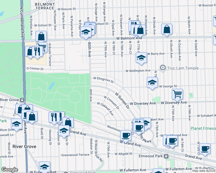 map of restaurants, bars, coffee shops, grocery stores, and more near 7864 West Sunset Drive in Elmwood Park