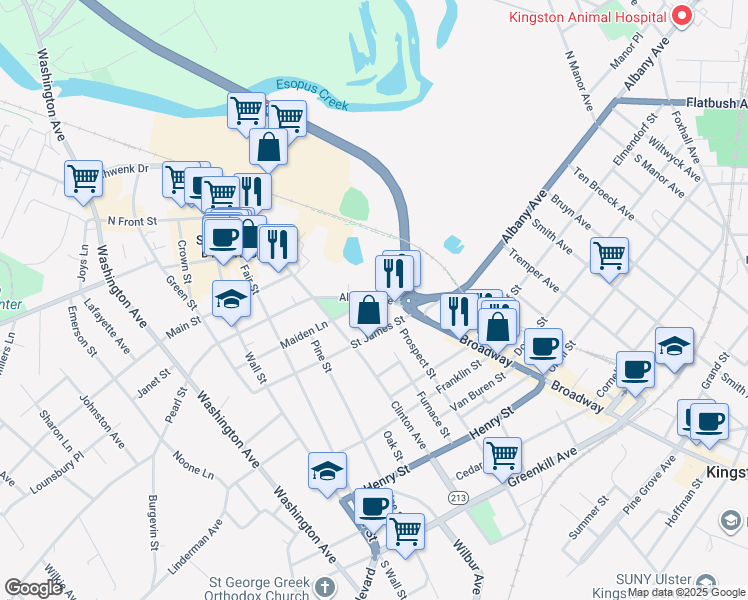 map of restaurants, bars, coffee shops, grocery stores, and more near 895 Albany Avenue in Kingston