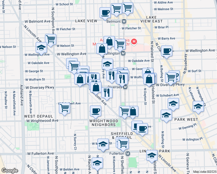 map of restaurants, bars, coffee shops, grocery stores, and more near 1055 West Diversey Parkway in Chicago