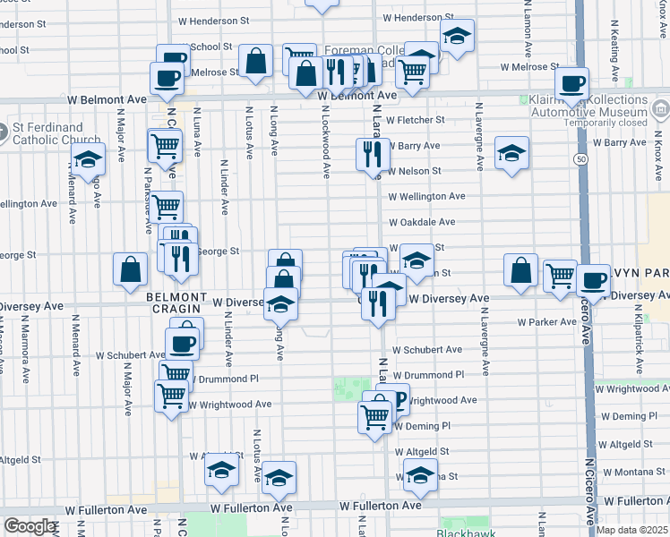 map of restaurants, bars, coffee shops, grocery stores, and more near 2836 North Lockwood Avenue in Chicago