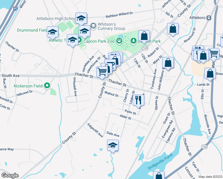 map of restaurants, bars, coffee shops, grocery stores, and more near 26 Chestnut Street in Attleboro