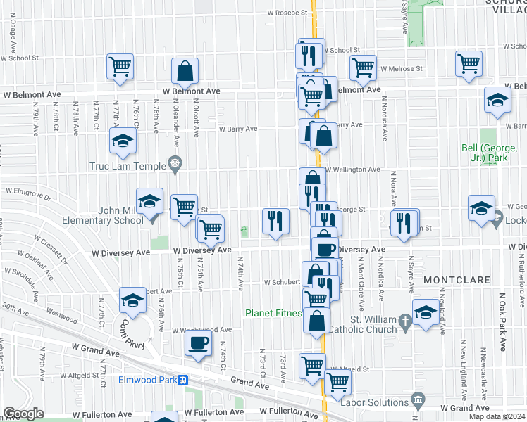 map of restaurants, bars, coffee shops, grocery stores, and more near 2847 North 73rd Court in Elmwood Park