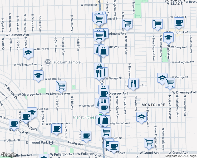 map of restaurants, bars, coffee shops, grocery stores, and more near 2850 North Harlem Avenue in Elmwood Park