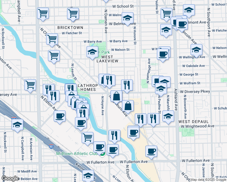 map of restaurants, bars, coffee shops, grocery stores, and more near 1956 West Diversey Parkway in Chicago