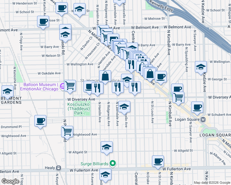 map of restaurants, bars, coffee shops, grocery stores, and more near 2820 North Lawndale Avenue in Chicago