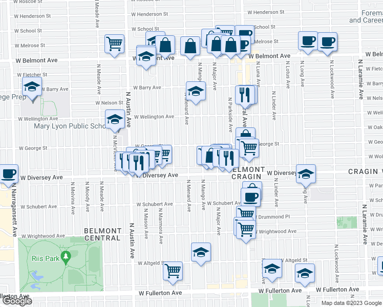 map of restaurants, bars, coffee shops, grocery stores, and more near 2843 North Menard Avenue in Chicago