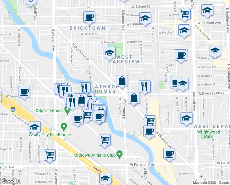 map of restaurants, bars, coffee shops, grocery stores, and more near 2032 West Diversey Parkway in Chicago