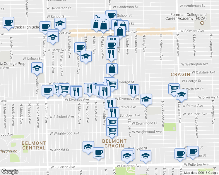 map of restaurants, bars, coffee shops, grocery stores, and more near 2840 N Central Ave in Chicago