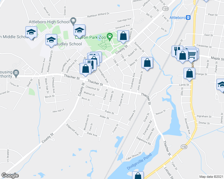 map of restaurants, bars, coffee shops, grocery stores, and more near 316 Thacher Street in Attleboro