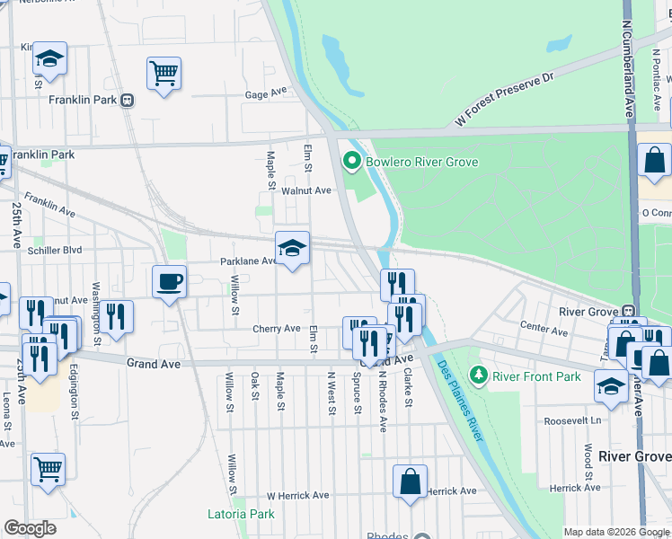 map of restaurants, bars, coffee shops, grocery stores, and more near 2936 Beulah Avenue in River Grove