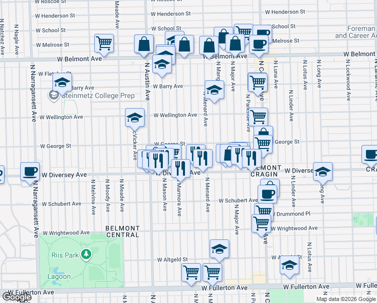 map of restaurants, bars, coffee shops, grocery stores, and more near 2846 North Monitor Avenue in Chicago