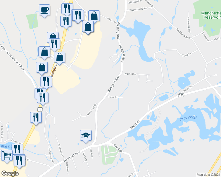 map of restaurants, bars, coffee shops, grocery stores, and more near 108 Newport Avenue in Attleboro