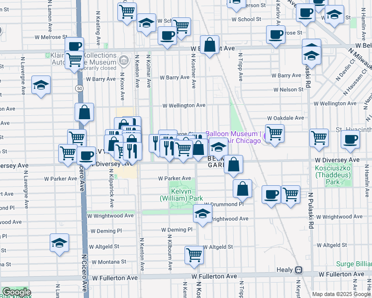 map of restaurants, bars, coffee shops, grocery stores, and more near 2829 North Kenneth Avenue in Chicago