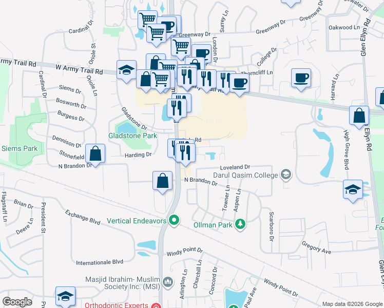 map of restaurants, bars, coffee shops, grocery stores, and more near 2020 Juniper Court in Glendale Heights
