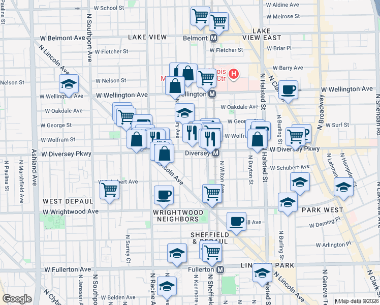 map of restaurants, bars, coffee shops, grocery stores, and more near 1035 West Diversey Parkway in Chicago