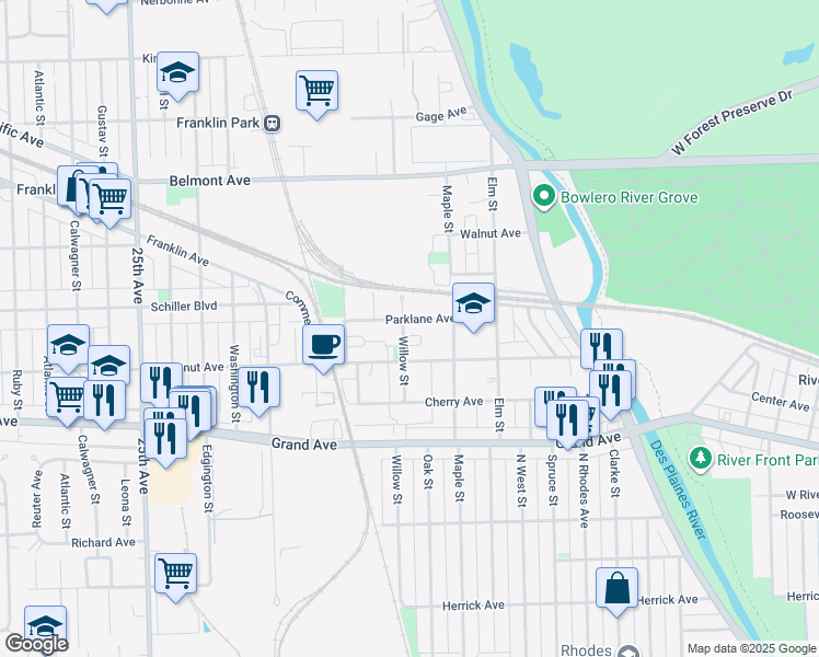 map of restaurants, bars, coffee shops, grocery stores, and more near 2927 Willow Street in Franklin Park