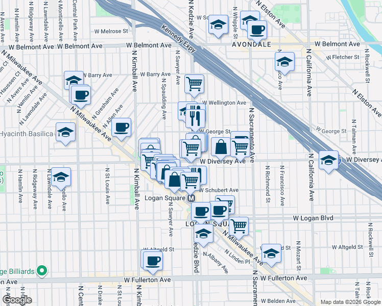 map of restaurants, bars, coffee shops, grocery stores, and more near 2814 North Kedzie Avenue in Chicago