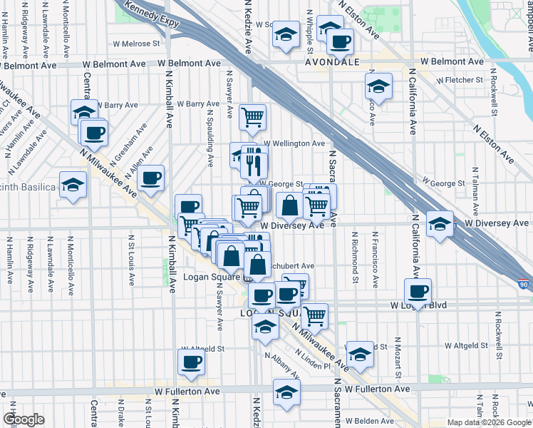 map of restaurants, bars, coffee shops, grocery stores, and more near 2814 North Troy Street in Chicago