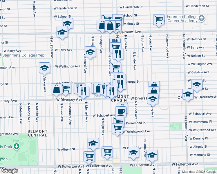 map of restaurants, bars, coffee shops, grocery stores, and more near 2844 North Parkside Avenue in Chicago