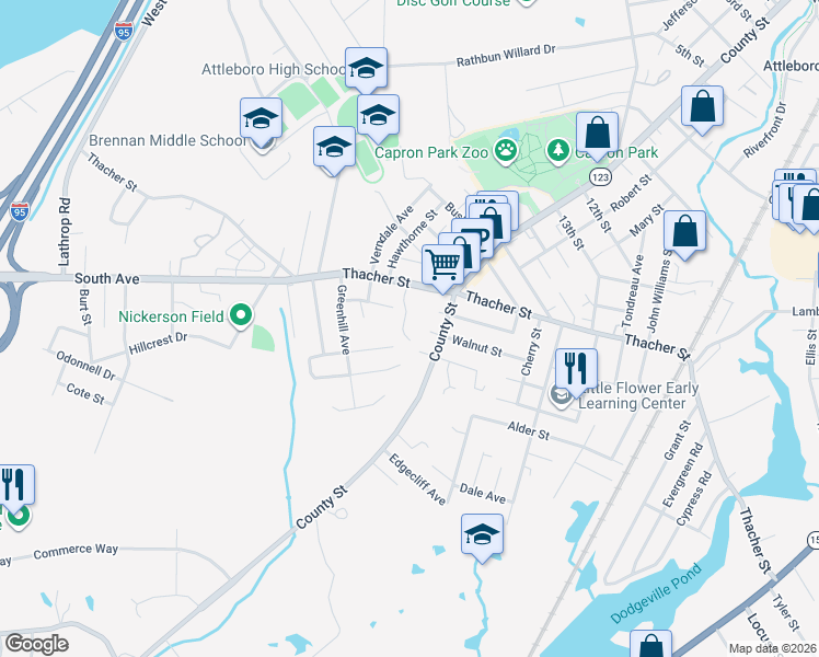 map of restaurants, bars, coffee shops, grocery stores, and more near 16 Maple Terrace in Attleboro