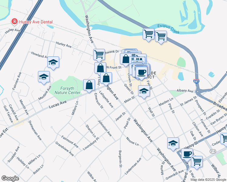 map of restaurants, bars, coffee shops, grocery stores, and more near 308 Washington Avenue in Kingston