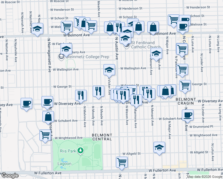 map of restaurants, bars, coffee shops, grocery stores, and more near 2845 North McVicker Avenue in Chicago